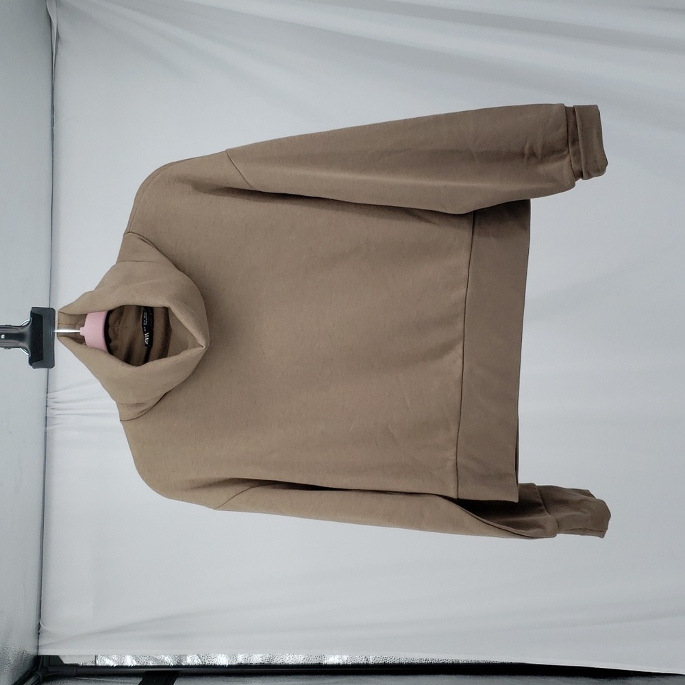 ZARA Womens Top Sweatshirt Brown Cotton Mock Neck Stretch Long Sleeve Size Small